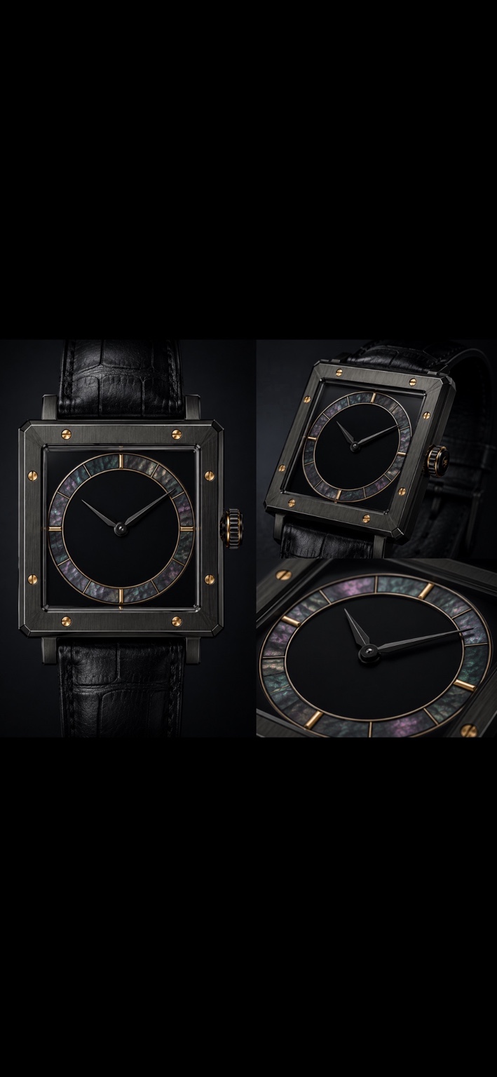 Dark square mineral watch design study