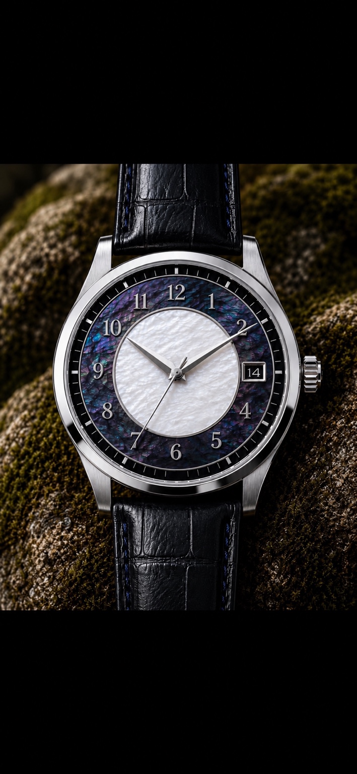 Mother of pearl and dark abalone sector watch design