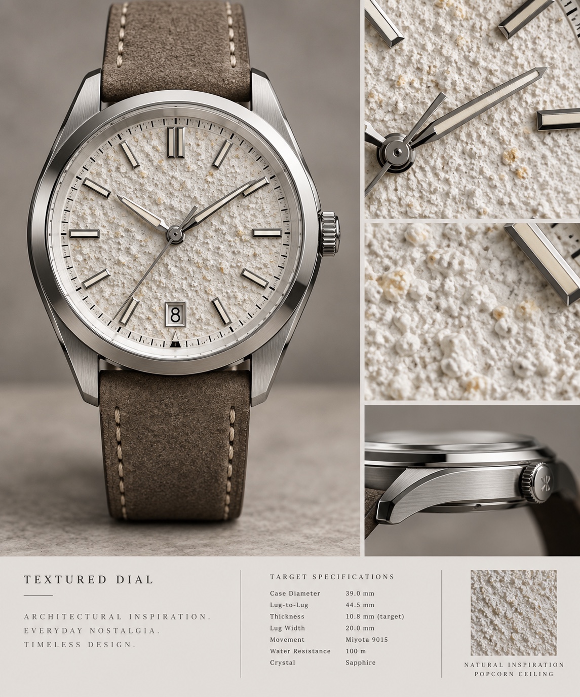 Popcorn Ceiling textured-dial watch concept presentation board